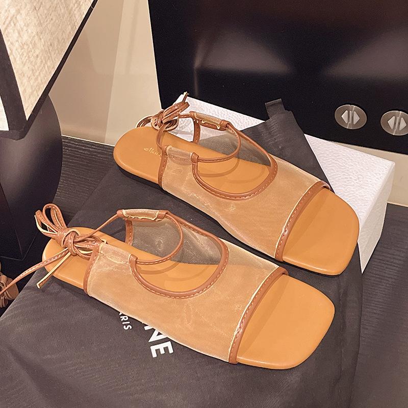 Fashion 2025 Summer Flats Women Bohemia Sandals Square Toe Open Toe Ladies Casual Mesh Breathable Street Style Ankle Cross Strap Sandal
