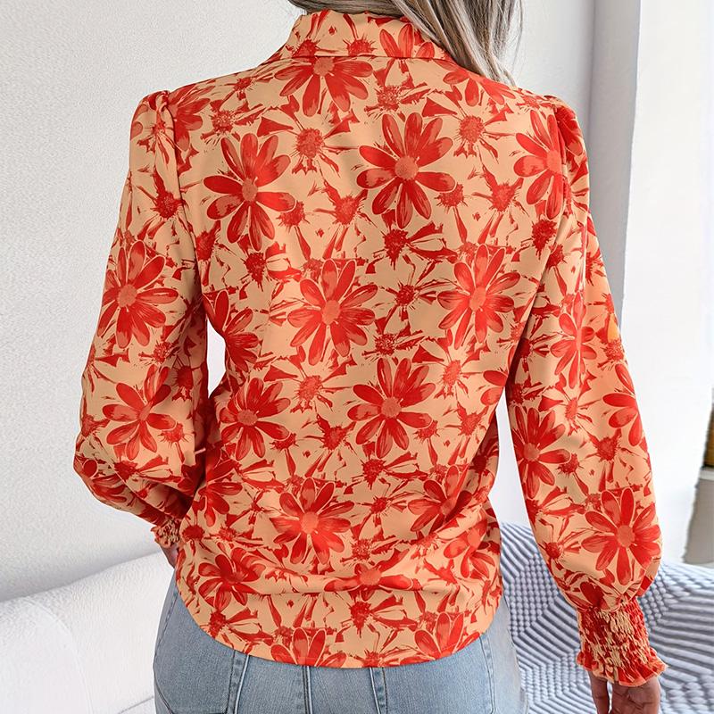 Women Spring Summer Long Sleeve Lapel Flower Printed Loose Casual Office Shirt Top
