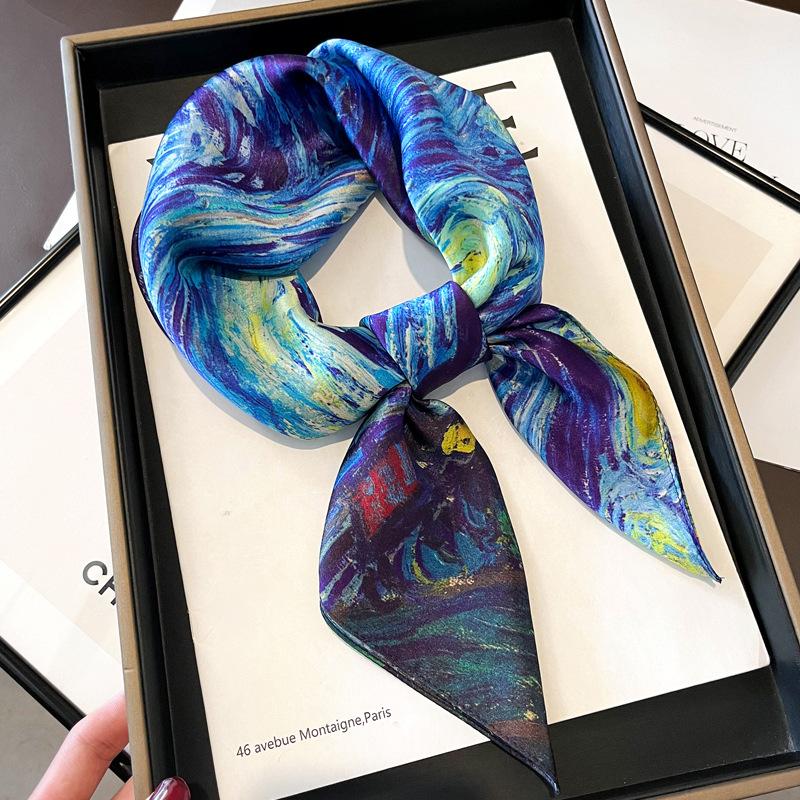 Blue Cherry Blossom Chessboard Mulberry Silk Scarf Female Simulation Silk Scarf Decorative Scarf Mom Shawl 70Cm Square Scarf