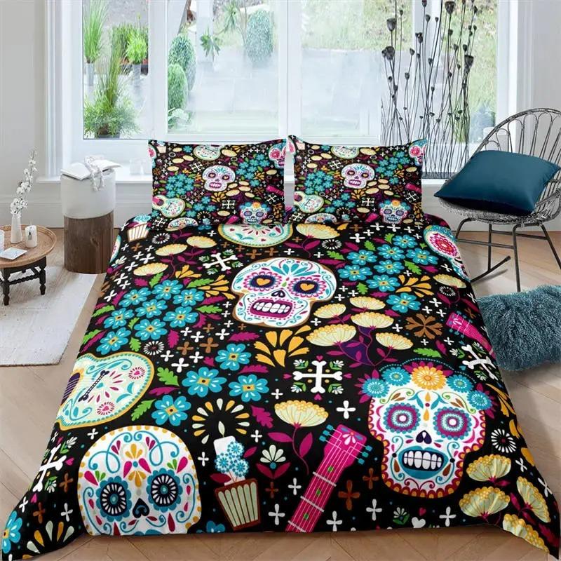 Sugar Skull Duvet Cover Luxury Gothic Skeleton Bedding Set Halloween Theme Floral Comforter Cover Twin Full For Girls Kids Teens