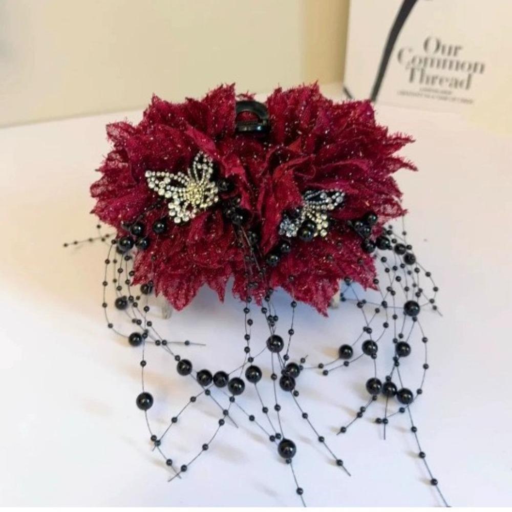 Peony Flower Pearl Tassel Shark Clip Double Flower Plastic Shark Clip Hairpin Sequin Mesh Flower Hair Claw Ponytail Accessories 11cm красный