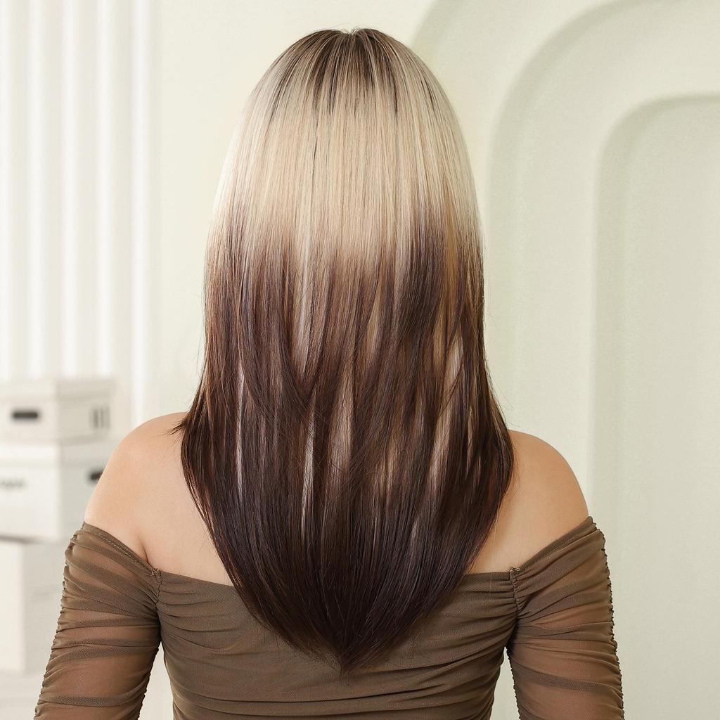 LOUIS FERRE Ombre Blonde Black Wigs for Women Long Straight Layered Wigs With Bangs Heat Resistant Fiber Synthetic Wig for Daily