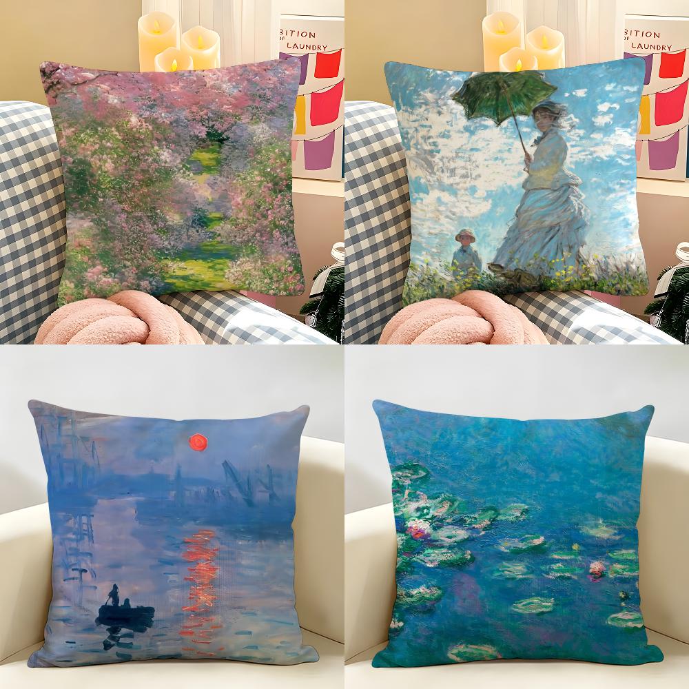 Claude Monet Oil Art Cushion Cover Natural Linen Organic Fabric DoubleSided Printing Room Sofa Decor Pillow Case