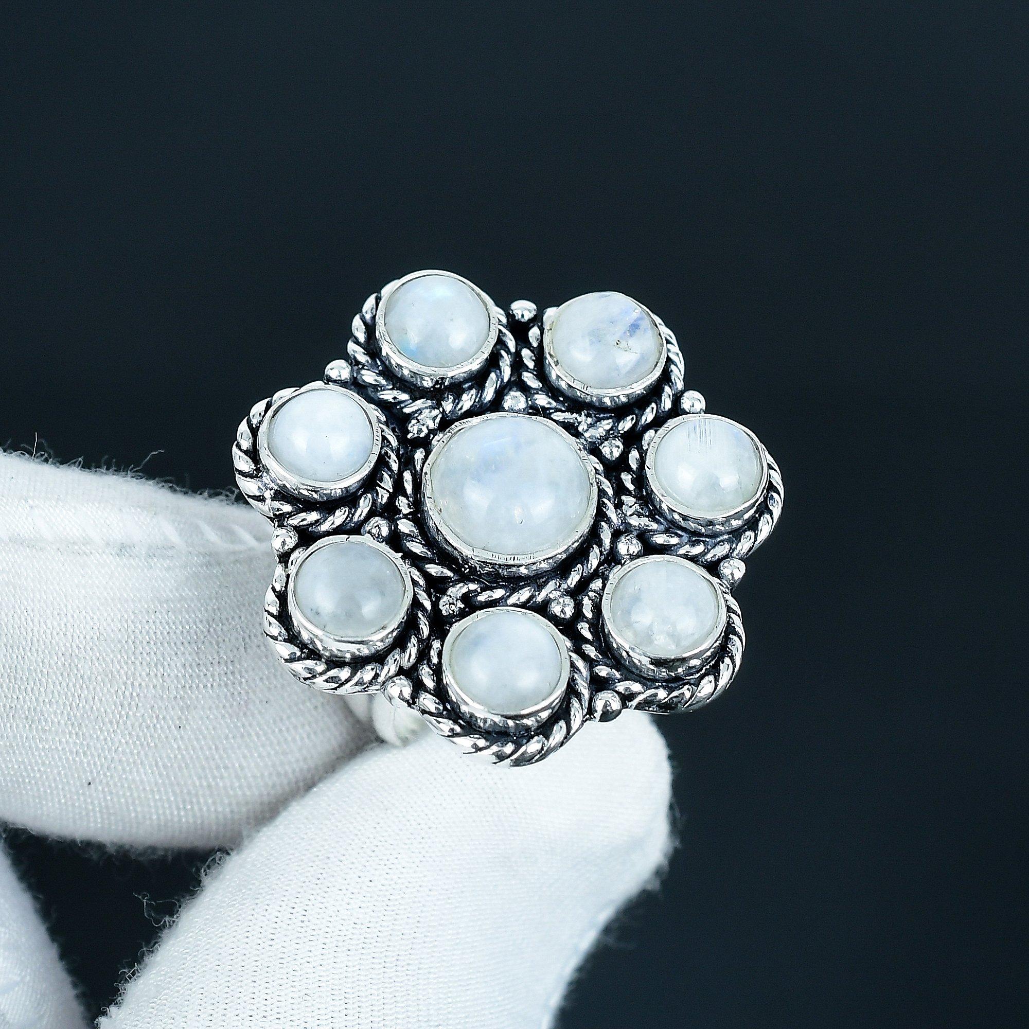 

Кольцо из радужного лунного камня ручной работы из стерлингового серебра 925 пробы - Кольцо в богемном стиле - Украшения бохо ручной работы для женщин и мужчин, Подарки на день рождения US 16 белый