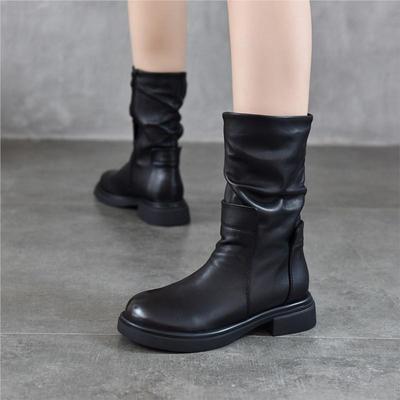 Echte Leder-Stiefel bis zur Wade Seitenreißverschluss Runde Spitze Dicke Ferse Damenstiefel