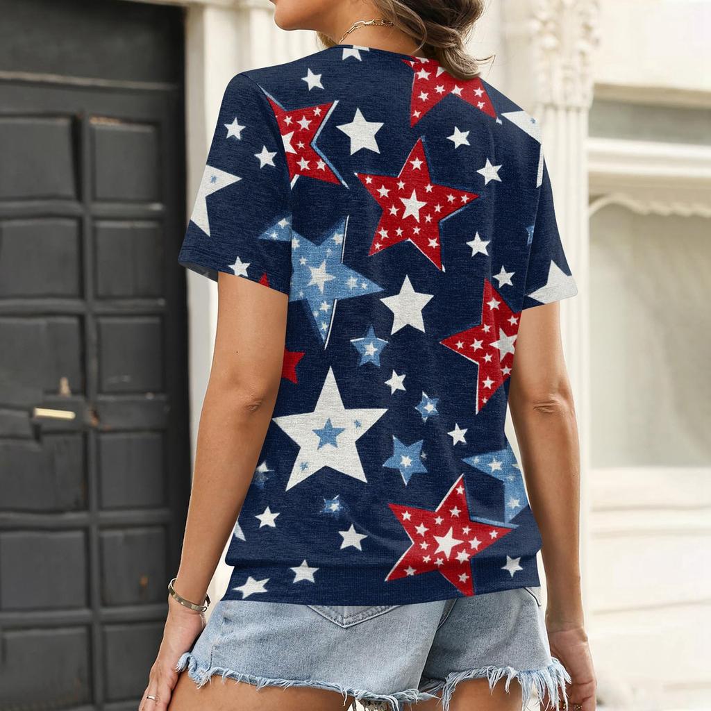 Women's Casual Short Sleeve V Neck Top American Flag Print Lightweight Summer Shirt Comfortable Fit