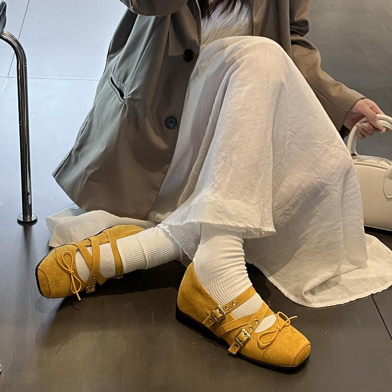 French Women's Ballet Shoes Summer New Retro Bow Inner Height Increase Single Shoes Cross Strap Mary Jane Shoes