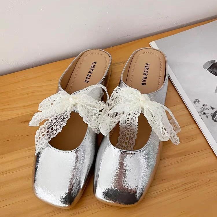 

Xiaoxiang bag head half slippers women s shoes wear spring and summer evening lace Mary Jane half shoes 40 срібний
