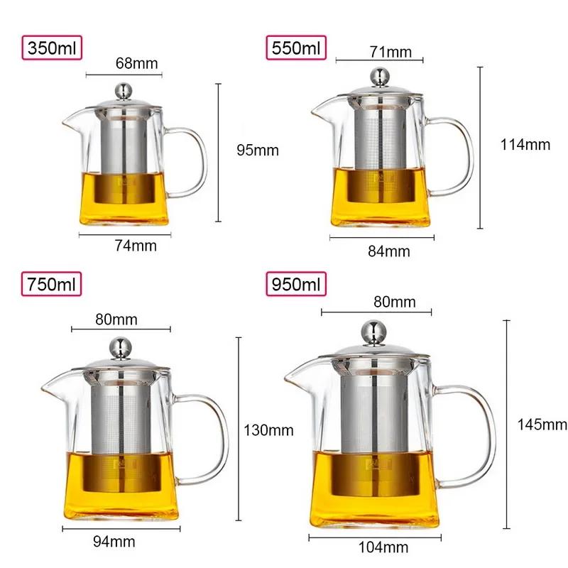 350/550/750/950ML Borosilikátová Sklenená Kanvica Odolná voči Teplu Štvorcová Sklenená Kanvica Filter na Čajové Lúhovanie Kanvička na Mlieko Oolong Kvetinový Čaj