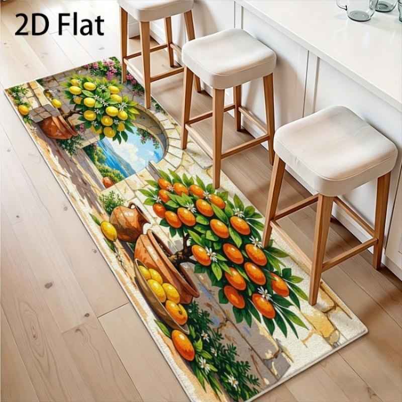 Mediterranean Orange Lemon Tree Kitchen Runner Mat Anti Slip Absorbent Rug Fruit Scenery Carpet for Sink Cooking Laundry Room