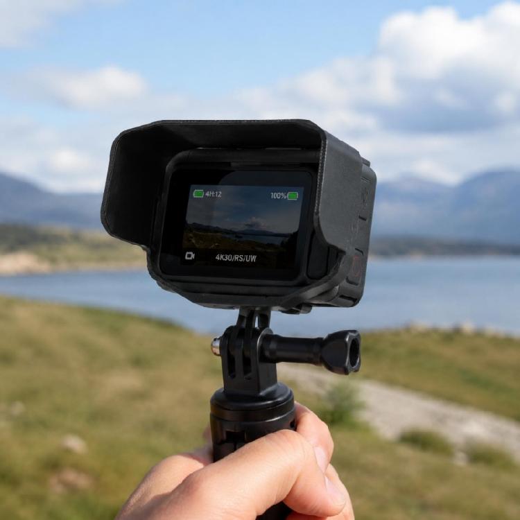 Black 3D-Printed Camera Display Shade with a Matte Retaining Frame and Raised Sections for Action Camera Bright Outdoor Framing, Action Filming,