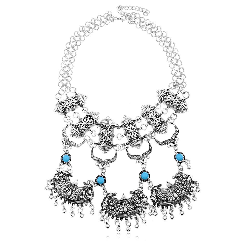 Ethnic Style Carved Flower Design Simulation Gemstone Decoration Women Necklace For Casual Boho Look