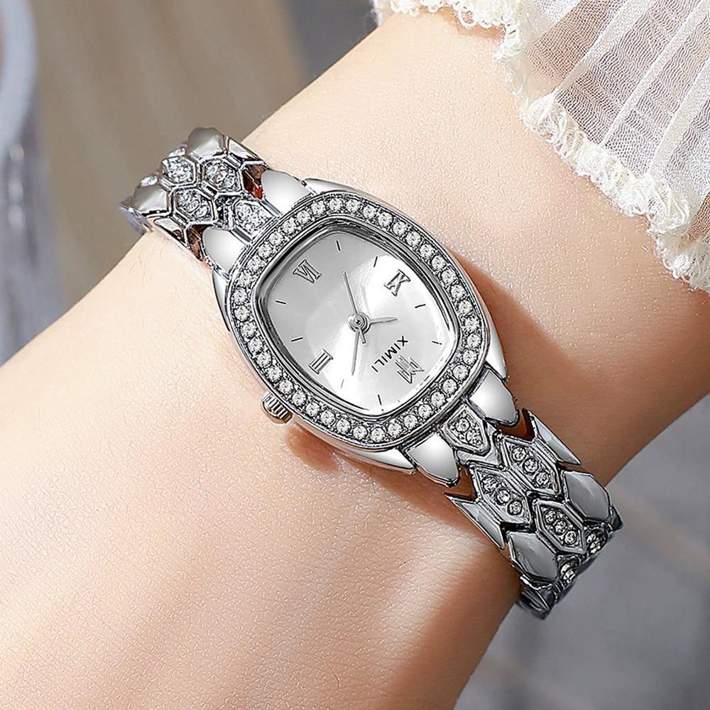 Moderne Damen Armbanduhr mit Strasssteinen und Quarzwerk, oval gray