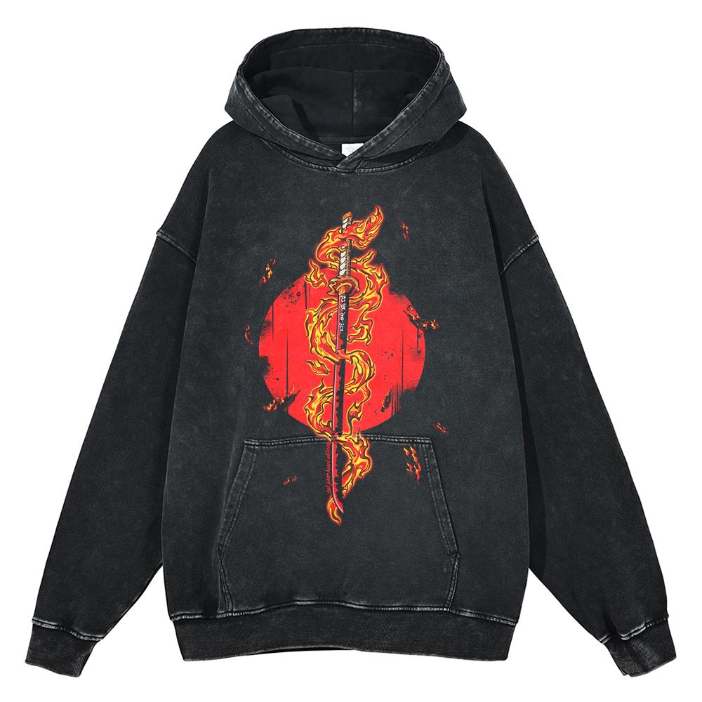 Japan Anime Demon Slayer Rengoku Kyoujurou Graphic Washed Hooded Men Manga High Quality Hoodies Harajuku Male Cotton Sweatshirt