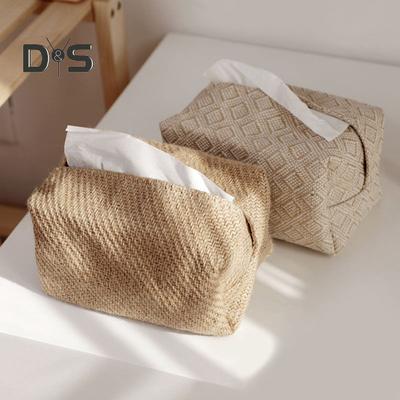 Cotton Linen Fabric Tissue Holder Rectangular Hand Woven Facial Tissue Case Large Capacity Easy To Fill Decorative Organizer Tissue Dispenser