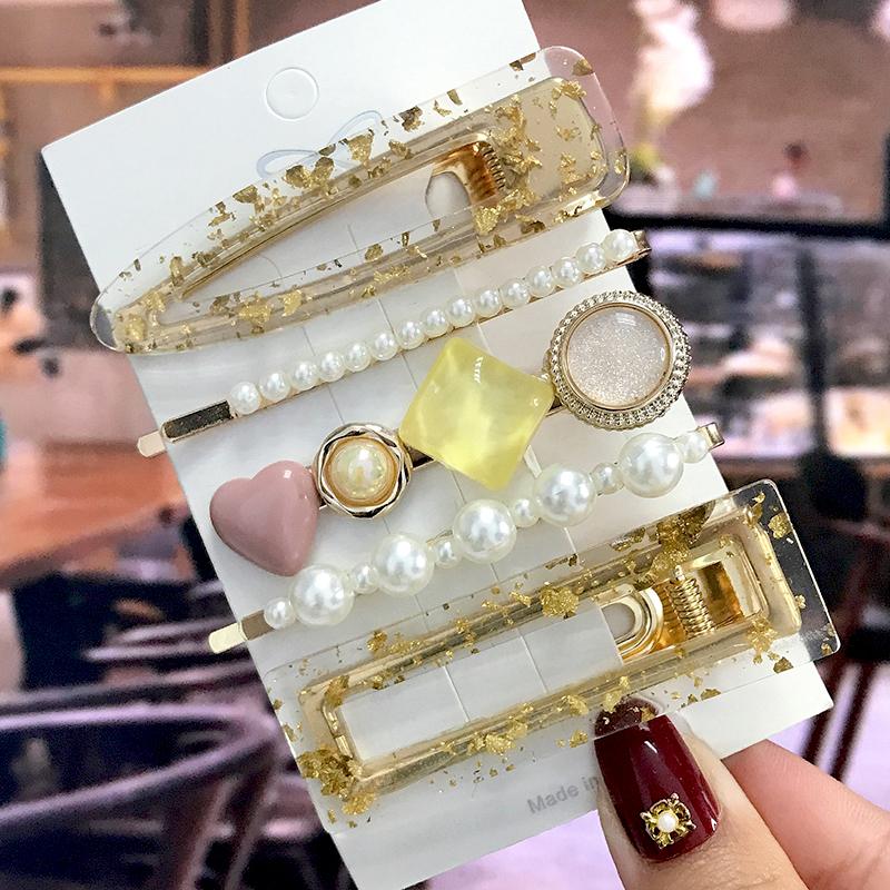 5Pcs/Set Fashion Smiley Pearl Hair Clip For Women Girl Geometric Acetate Barrettes Hairpin Headwear Hair Accessories  Trendy
