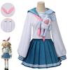 Cute Rabbit Sailor JK Cosplay Costume, Blue White Uniform with Plush Bunny Doll for Halloween Party & Anime Cosplay