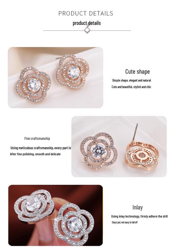 White Crystal Rhinestone Rose Earrings: Irregular Design with Round and Flower Studs