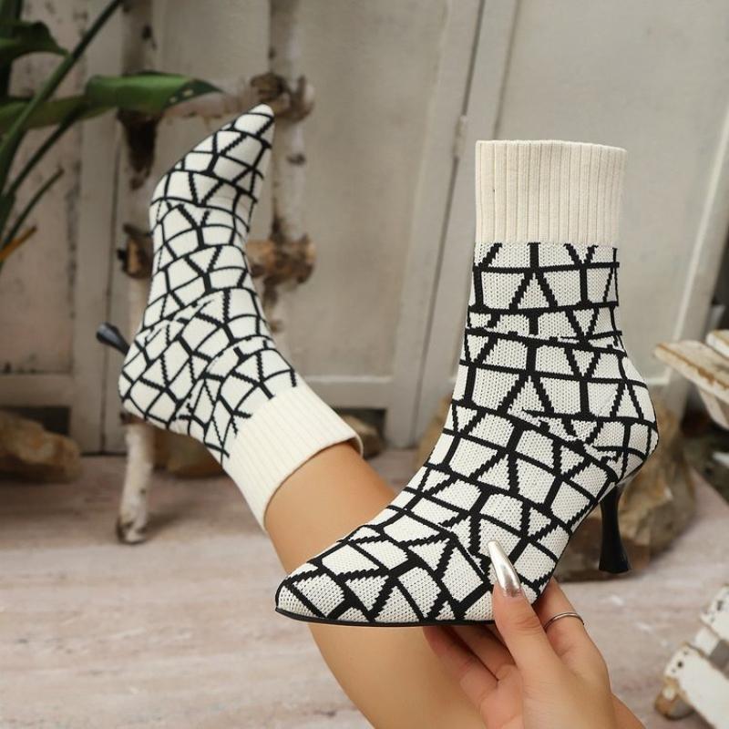 High Quality Women's Knit Ankle Boots Sexy Women High Heels Luxury Breathable Sock Boots Retro Pointed Toe Stretch Shoes Size 43
