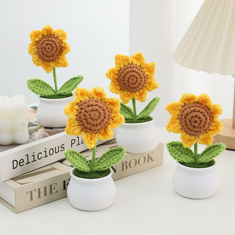 Handmade Crochet Sunflowers Potted Stuffed Plants Finished Woven Bouquet Home Desktop Decor Christmas Graduation Gifts
