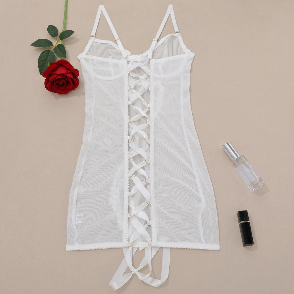 European & American Crisscross Lace-Up Backless Mesh Bodysuit 1517