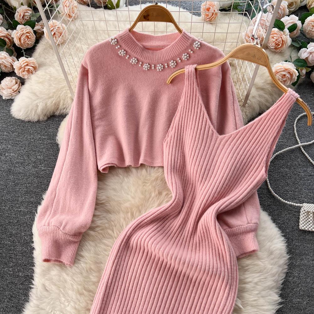 New Autumn Vintage Knitted Sweater Two Piece Set Beading Pullover Top And Spaghetti Strap V-neck Sheath Bodycon Dresses Suit