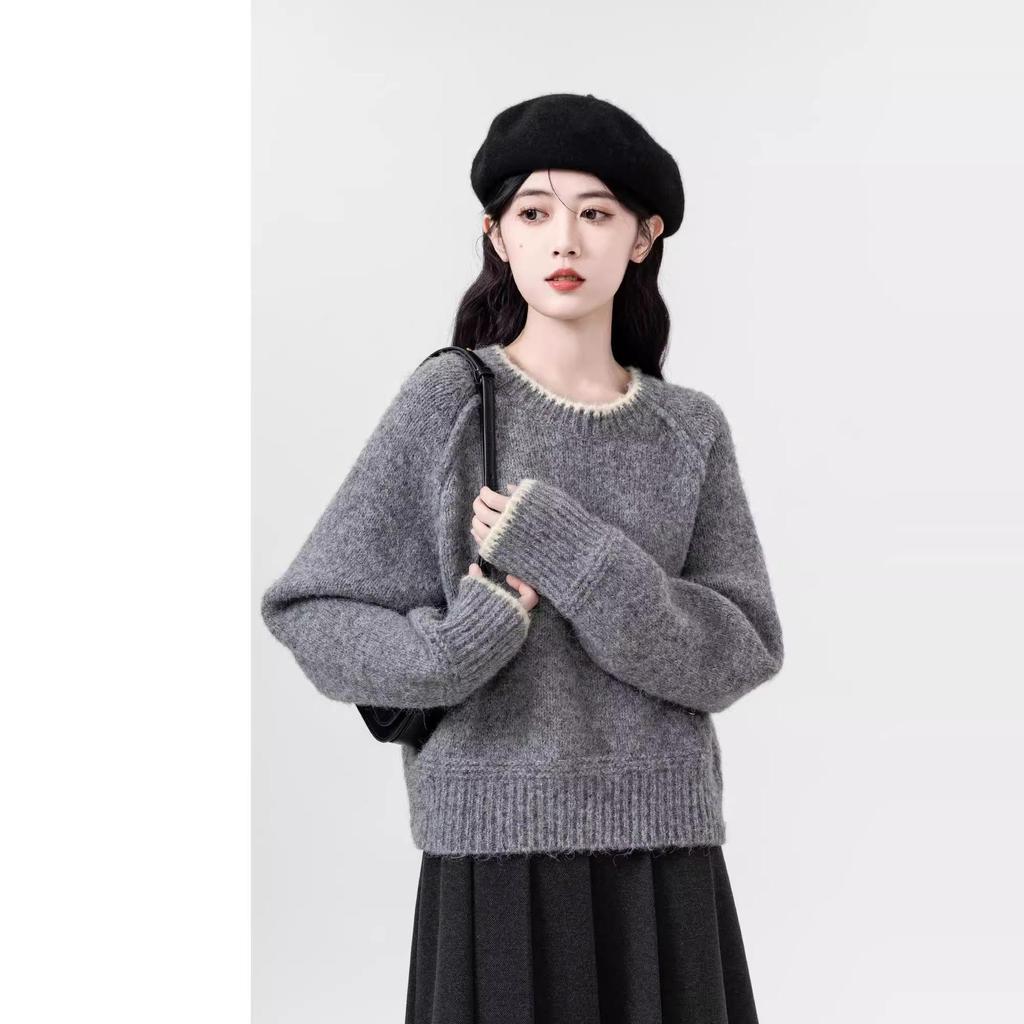 Women's Petite Grey Knit Sweater - Thick Round Neck, Autumn/Winter 2025 Style