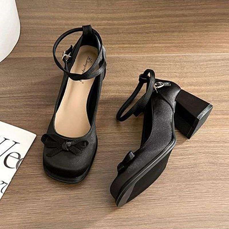 French versatile satin bow Mary Jane shoes girl 2025 new fairy style small man height increase light mouth single shoes