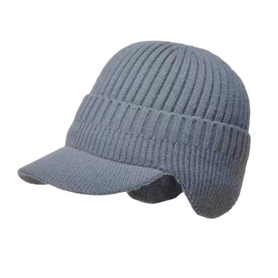 Men Knitted Hat Extended Brim Ear Protection Solid Color Knitting Hat Thickened Plush Lining Winter Warm Hat