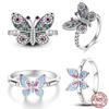 Real 925 Silver Plate Colorful Dragonfly Butterfly Cubic Zircon Rings For Women Wedding Engagement Birthday Jewelry Gift