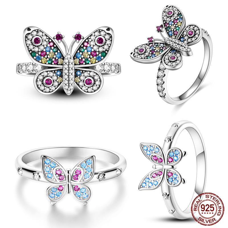 Real 925 Silver Plate Colorful Dragonfly Butterfly Cubic Zircon Rings For Women Wedding Engagement Birthday Jewelry Gift