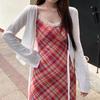 Women's Elegant French Plaid Strappy V-Neck Lace Tea Dress - Summer 2025