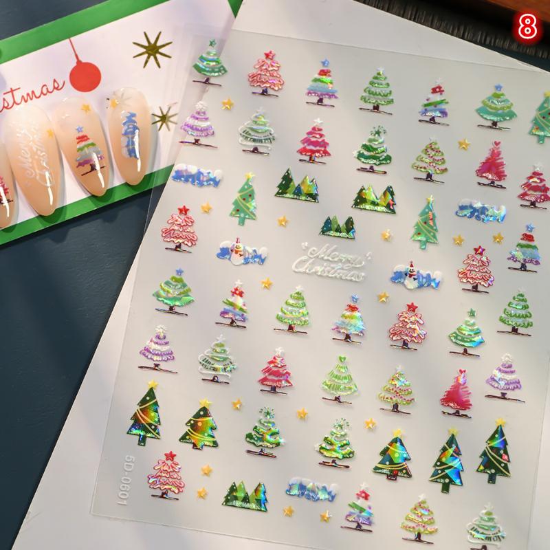 5D Laser Relief Weihnachts-Nagelsticker Schneeflocken Weihnachtsmann Elch Weihnachtsbaum Nagelaufkleber Geprägt Winter Weihnachten Maniküre Set