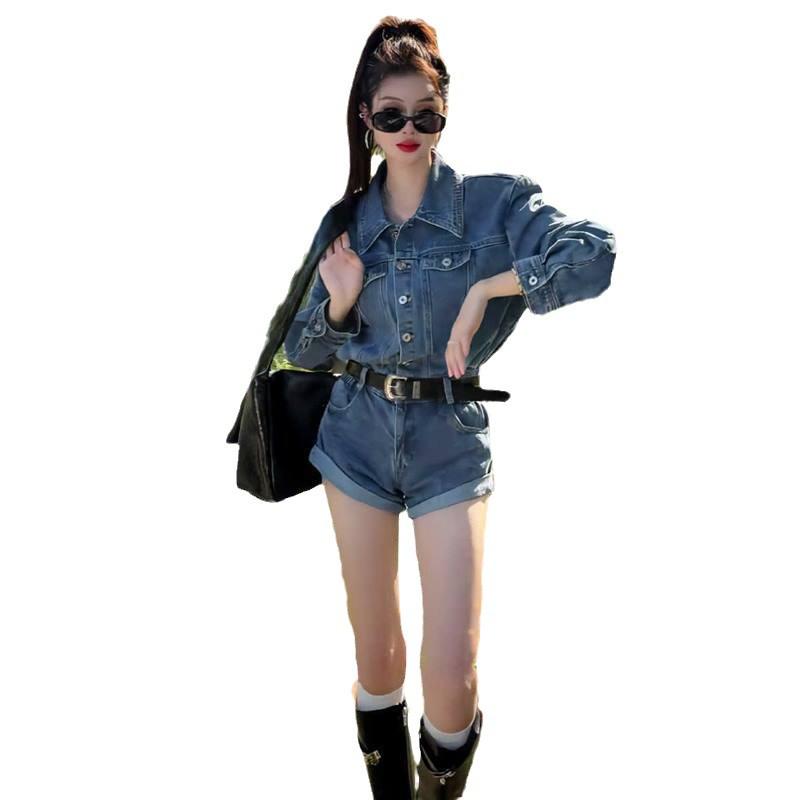 Korean-Style High-Waisted Denim Romper Shorts - Trendy Wide-Leg Slimming Women's Jumpsuit for Spring & Autumn