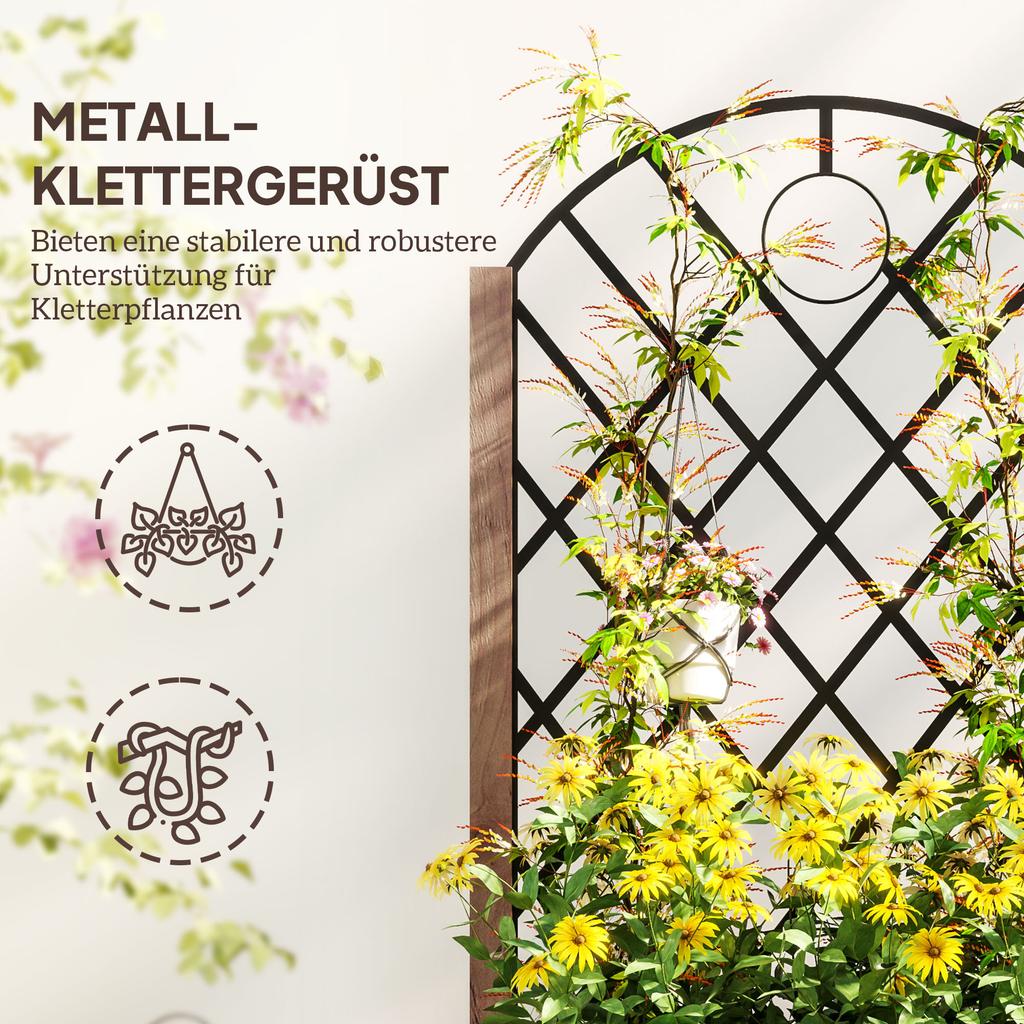 Wooden Planter, with Metal Trellis - Brown/Black