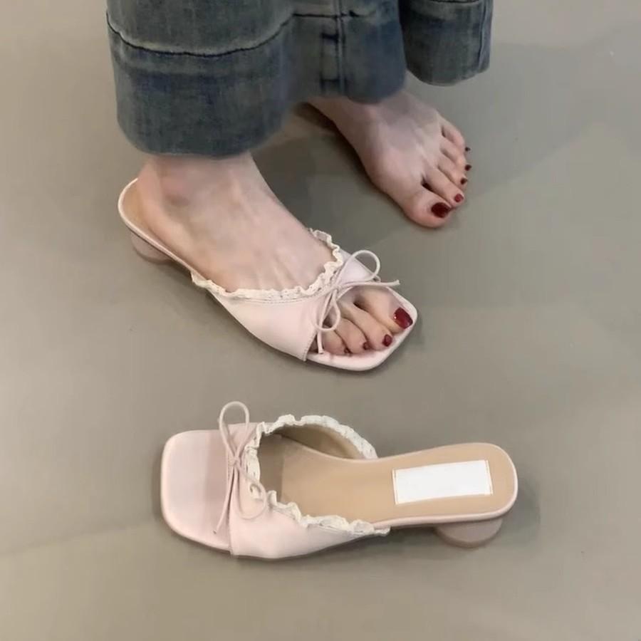 Gentle Fairy Cool Slippers 2025 Summer French Sweet Elegant Lace Bow Silk Open-toed Sandals