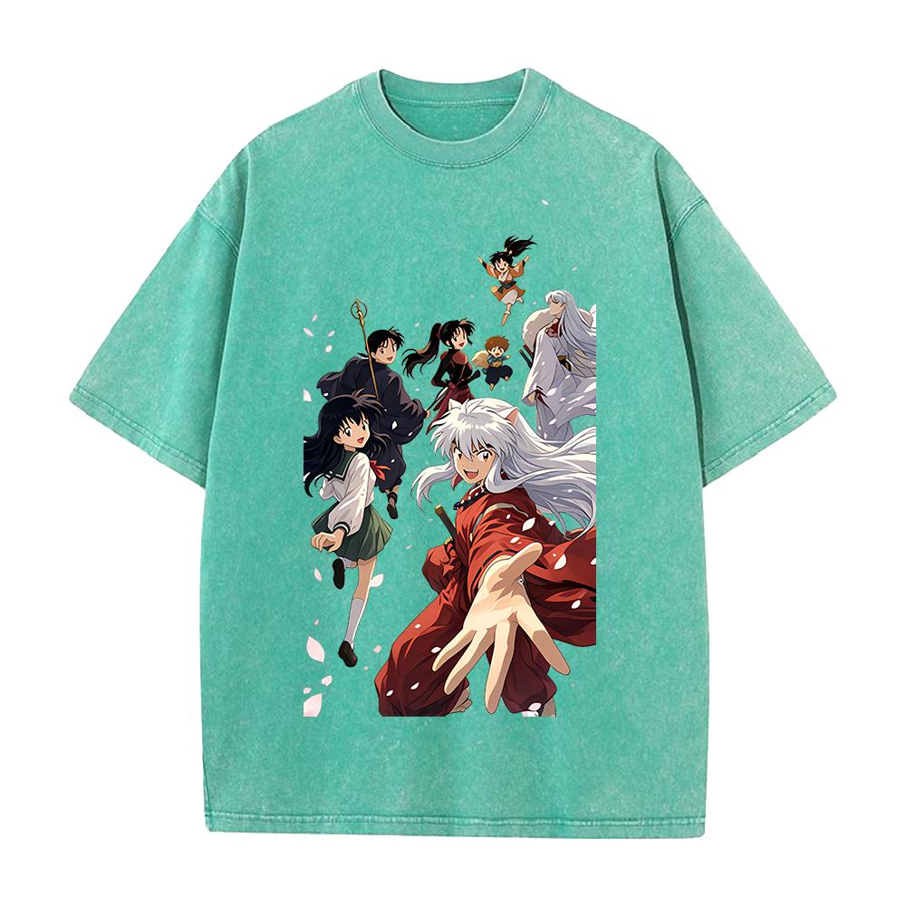 Kagome Miroku Sesshoumaru Print T-shirt Anime Inuyasha Clothing Men Women Cotton Tshirts Retro Washed T Shirt Harajuku Male Tops