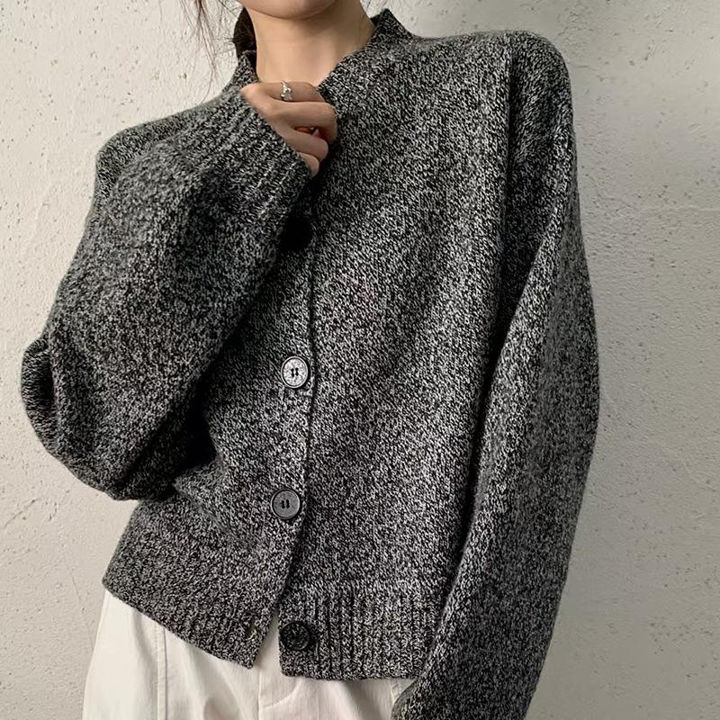 Soft ufu lazy wind round neck 0 pure wool cardigan women's high-end floral yarn thin knitted jacket top