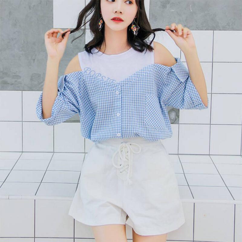 

Pofulove/летние милые клетчатые рубашки с открытыми плечами, шорты, комплекты из двух предметов, комплекты с шортами, женская одежда M синий