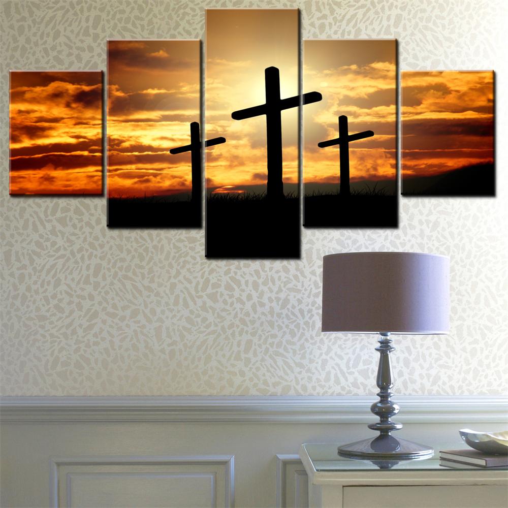 

5 Pieces Canvas Wall Arts Poster Painting Thress Cross At Sunset Cristian Interior Artwork Home Decor Picture Printing Mural Art 20X35 20X45 20X55CM