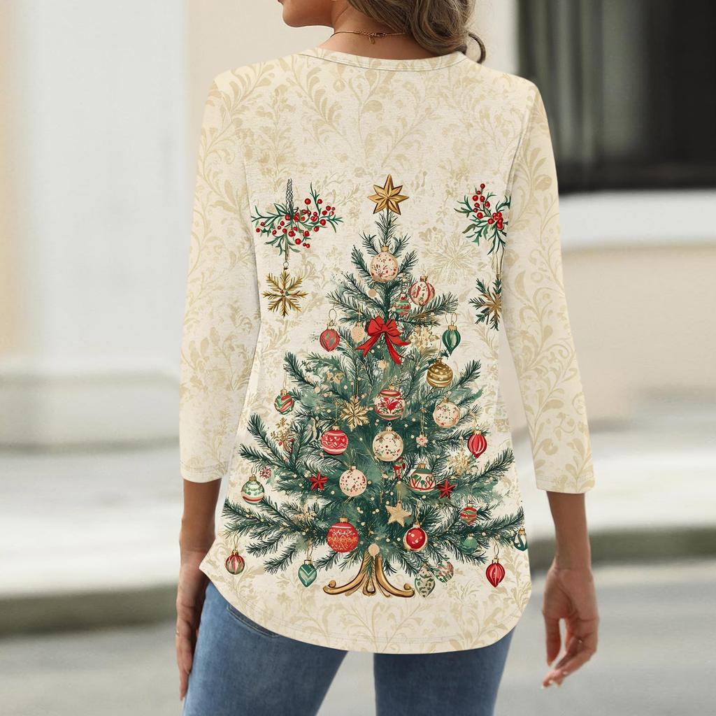 Women's Fashion Casual Christmas Tree Print V-Neck Decorative Button Three-Quarter Sleeve T-Shirt Top