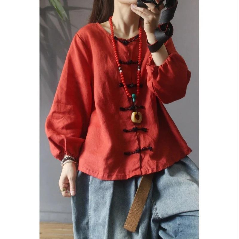 Solid Color Buttoned Cotton and Linen Shirt for Women Spring and Autumn New Style Plus Size Shirt Top