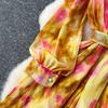 French Vintage Print Chiffon Dress Women Bow Lace-up Lantern Sleeve Elegant Loose Casual Evening Holiday Dresses