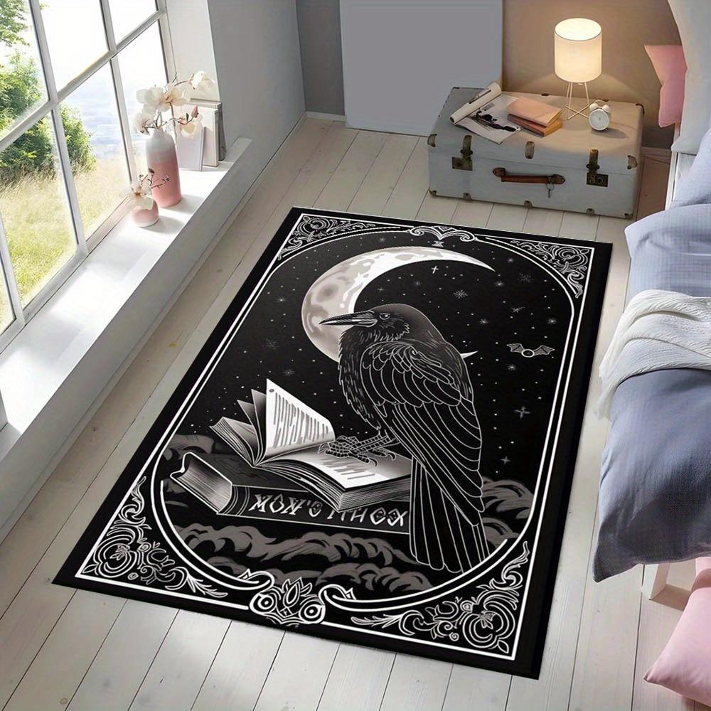 Gothic Raven and Moon Design Area Rug  Polyester Non-Slip Mat | Black & White Celestial Motifs | Ideal for Living Room, Be
