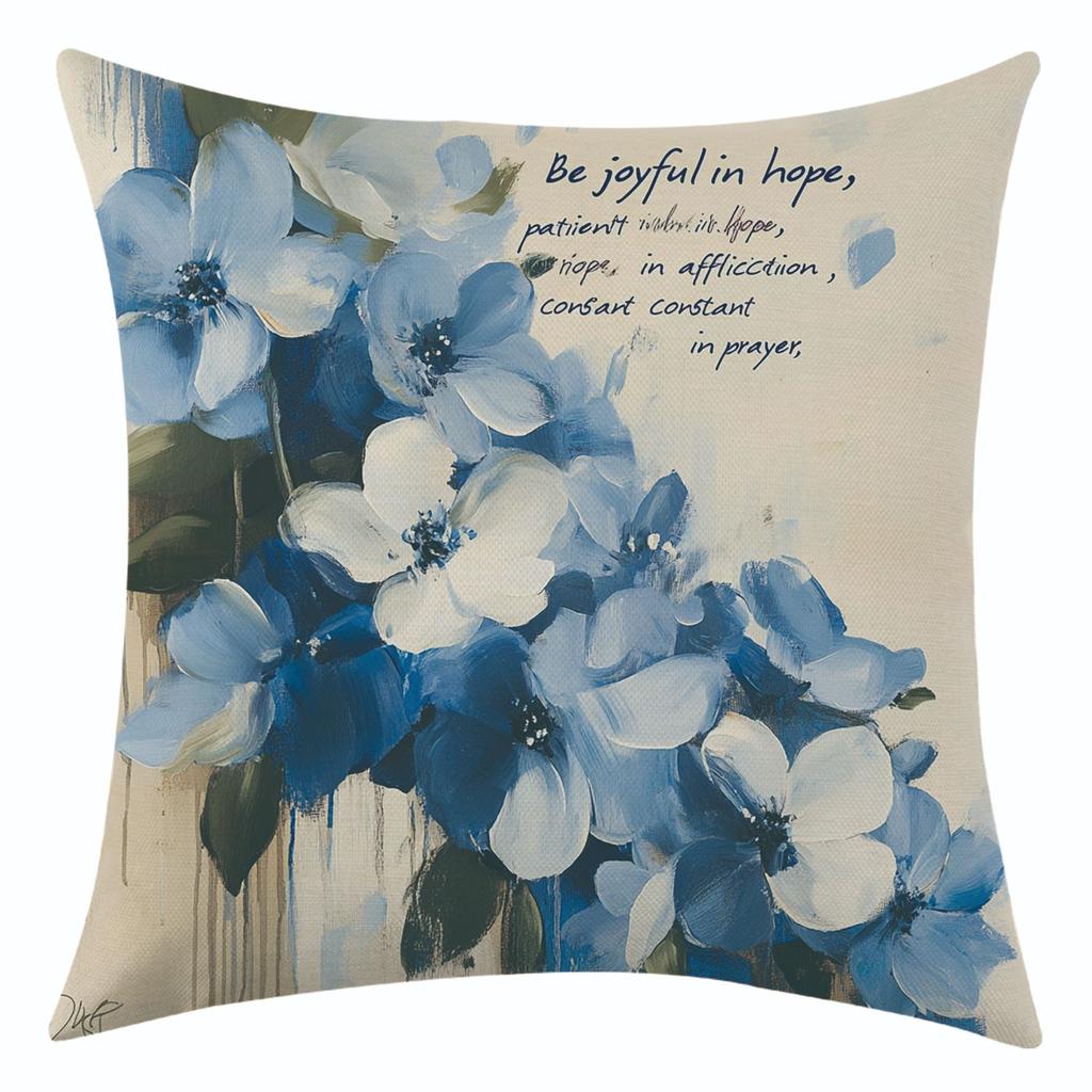 New Blue Watercolor Flower Linen Pillowcase for Holiday Decoration and Car Cushion Cover