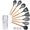 11-Piece Wooden Handle Silicone Kitchenware Set - Includes 9 Kitchen Tools, Spatula, and Spoon.