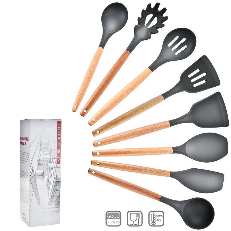 11-Piece Wooden Handle Silicone Kitchenware Set - Includes 9 Kitchen Tools, Spatula, and Spoon.