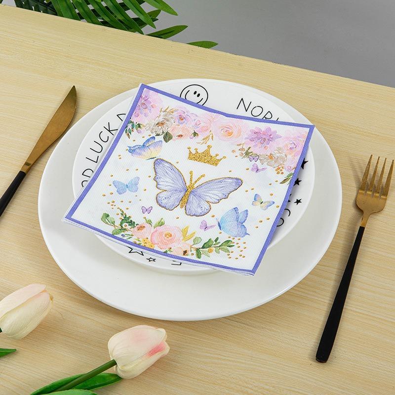 20pcs/lot Cute Pink Rose Flower Paper Napkins Flying Butterfly Theme Cocktail Wedding Birthday Party 2-Ply Square Dinner Napkins