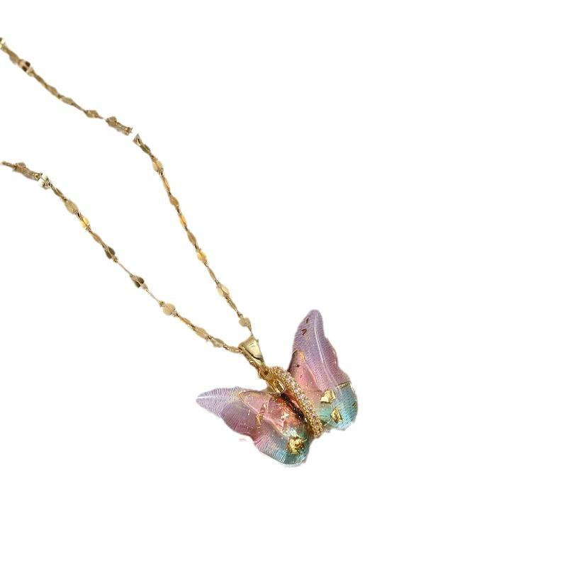 Women Micro Inlaid Zircon Gradient Color Butterfly Titanium Steel Clavicle Pendant Necklace