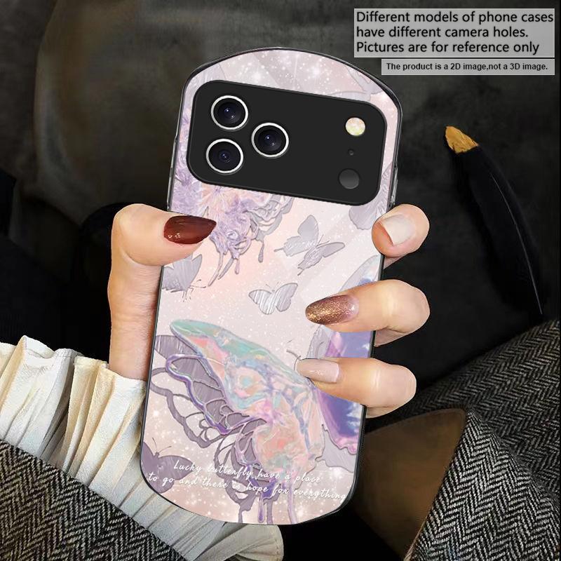 

Lucky Butterfly Painting For iPhone 17 Air 16 15 14 Pro 13 Plus 12 mini 11 Pro Max XR X 7 8 Elliptical Tempered Glass Phone Case iPhone17 Pro